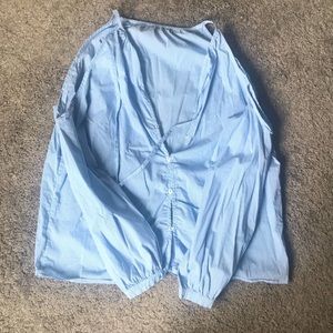 Shoulder cut out blue stripped long sleeve shirt